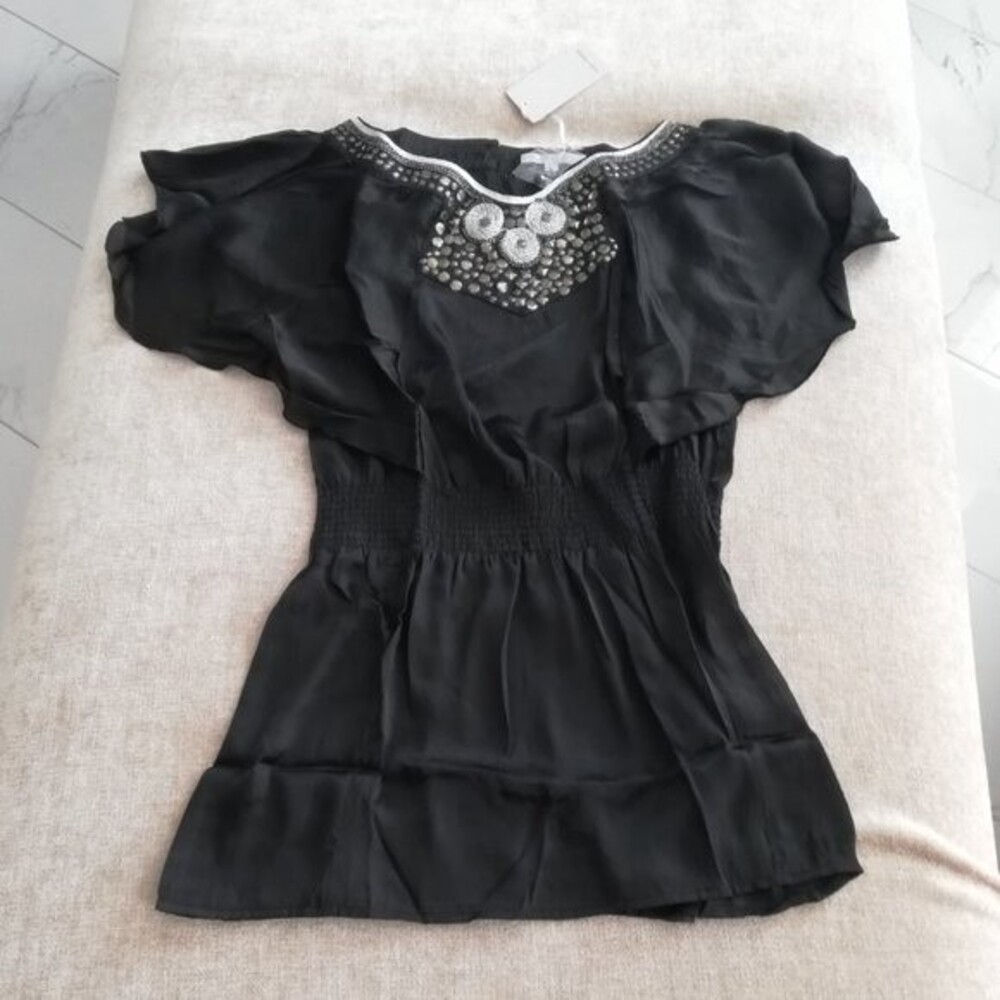 Lucy Paris Black and Silver Embellished Flowy Tunic Blouse Size Large NWT